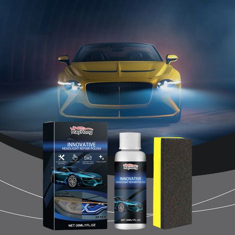 Scheinwerferpflegeflüssigkeit, zum Entfernen von Kratzern, zur Auffrischung, Aufhellung, Politur und Pflege von Autoscheinwerfern – 30 ml + Schwamm -- DE (1/5)