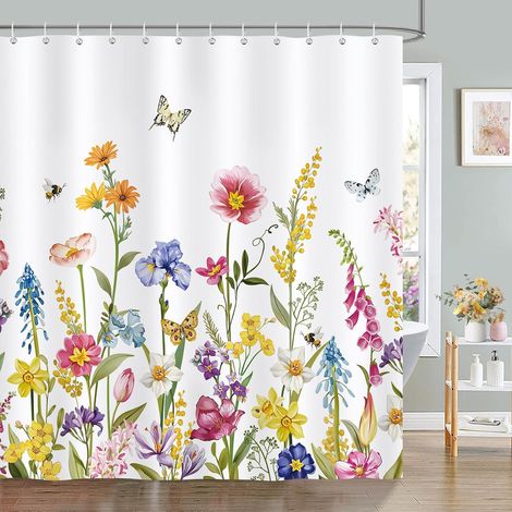 CCYKXA Bunter Duschvorhang mit Aquarell-Frühlingsblumenmuster, Polyestergewebe, schimmelresistent, wasserdicht, waschbar, Badezimmervorhänge, 180 x 180 cm, inklusive 12 Haken für die Badewanne (1/5)