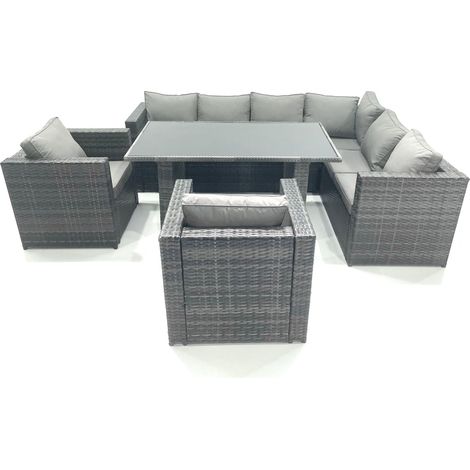 Fimous Outdoor Lounge Rattan Corner Sofa Set Garden Furniture Rectangular Dining Table Chair Dark Grey (1/5)
