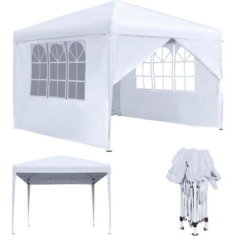 Faltpavillon 3x3m Wasserdicht mit 4 Seitenteilen und Fenstern Weiß (1/5)