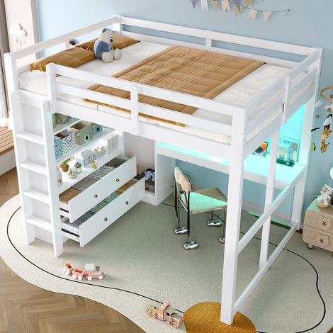 Lit mezzanine 140x200 cm moderne en bois massif et MDF blanc avec bureau, 2 tiroirs, étagères, LED et USB (1/5)