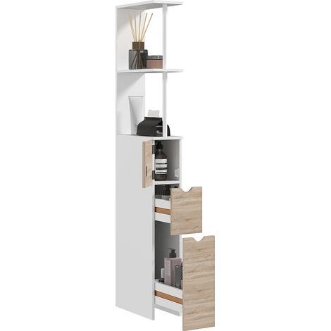 Badezimmerschrank mit Schubladen und offenen Regalen, 15 x 33 x 136,8 cm, weiß