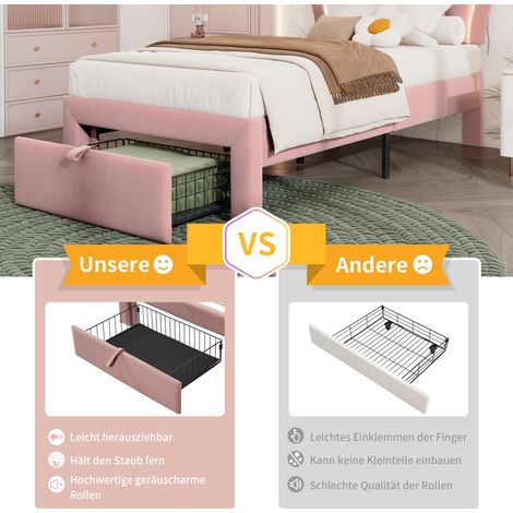 Lit bébé 90x200 cm avec tiroirs, sommier à lattes et tête de lit réglable, cadre en velours rose, commande LED par app, lit junior double, structure rembourrée (1/5)