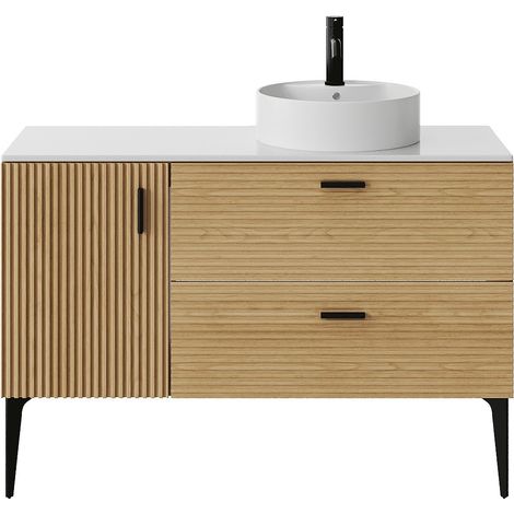 Mobile da bagno scanalato con piedini con lavabo da incasso rotondo - 1 porta e 2 cassetti - Naturale chiaro - 120 cm - SARONE (1/4)