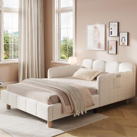 Lit capitonné, lit simple, lit enfant 90 x 200 cm, avec tête de lit capitonnée et barrière de sécurité, pieds de lit en bois massif, velours, beige (1/5)