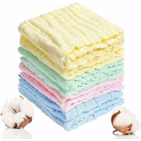 Lot de 8 débarbouillettes en mousseline pour bébé, 25 x 25 cm, lavables, en coton doux, idéales pour sécher les mains, le visage et le corps des bébés à la peau sensible. (1/5)