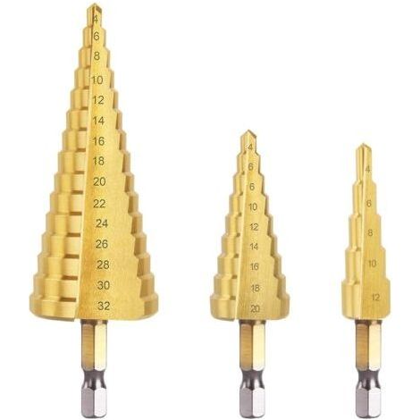 3PCS Foret Étagé Métal, 4-12/20/32mm Fraise Etage Metal Triangle Conique Titane, Meche Etage Tige à Hexagone pour Visseuse sur Métal Acier, Bois, Laiton, Aluminium, Plastique (1/5)