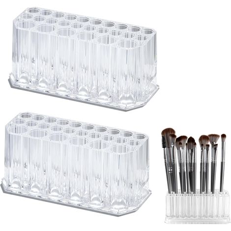 Rangement Pinceaux Maquillage, 2 Pièces Boîte Rangement Maquillage, 26 Trous Porte Pinceau, Acrylique Transparent Organisateur Coiffeuse pour Eye/Lip Liner Rouge à Lèvres Allongé Manucure (1/5)