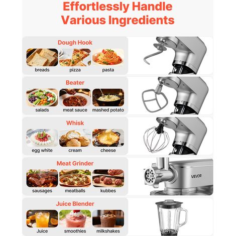 Robot Pâtissier et Culinaire 6 L, Batteur sur Socle 1500 W avec Fonction Hachoir à Viande et Blender de 1,5 L, Batteur Mixeur 6 Vit… (1/5)