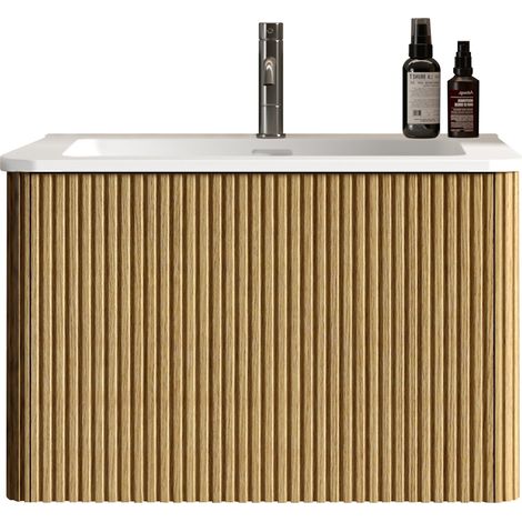 Mueble lavabo suspendido de 60 cm roble natural con lavabo de resina mineral, premontado (1/5)