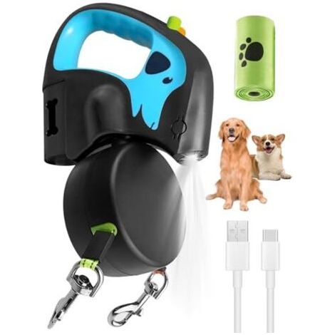 Laisse Double Rétractable pour 2 Chiens Jusqu’à 20kg, 3m Longe Extensible en Nylon Anti-Enchevêtrement 360°, Poignée Antidérapante, Lampe Torche Rechargeable, Boîte à Déchets + Sacs,