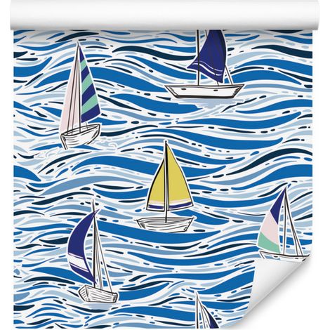 Carta da parati con barche a vela colorate sulle onde per soggiorno e camera da letto 50x1000 cm (1/5)