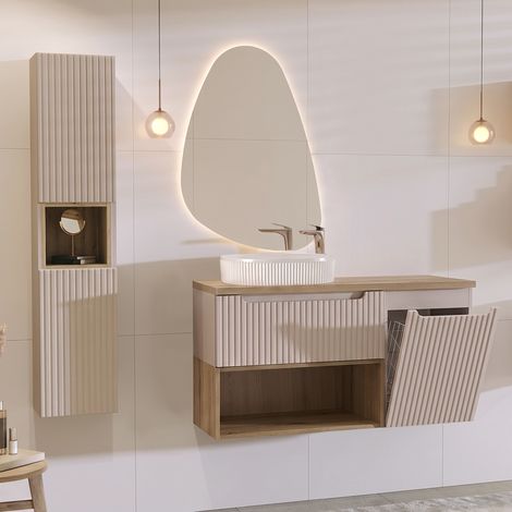 Conjunto de lavabo individual de 120 cm con cesto para ropa sucia y columna Riva Cashmere y Wood (1/4)