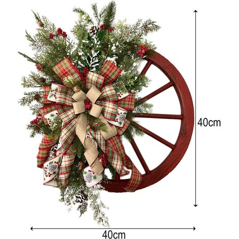 Guirlande Roue De Chariot - Décoration Festive Pour Porte D'Entrée - Style Ferme Rustique - 40x40 Cm - Rouge - 1 Pièce (1/5)