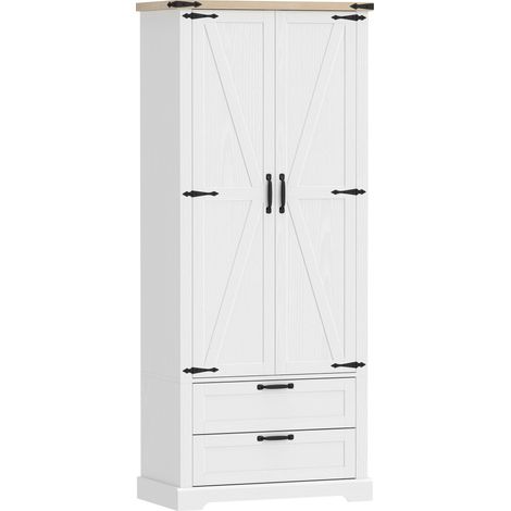 Buffet haut cuisine, armoire de cuisine avec 2 portes, 2 tiroirs, étagères réglables, style rustique, 76x40x180cm, blanc