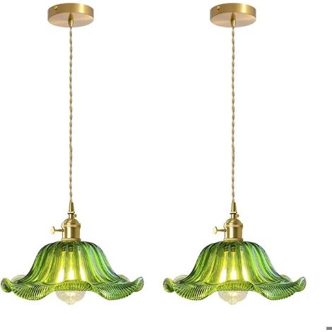 2pcs Suspension Luminaire Vintage,25cm Lampe de Plafond Industriel Abat-jour en Verre Design Fleur Lustre Style Edison,Vert (1/5)