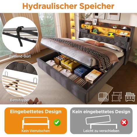 Lit capitonné 140x200 cm avec coffre de rangement hydraulique, tête de lit lumineuse LED, 4 ports de charge (USB/Type-C), lit 2 places avec sommier à lattes, tissu lin gris, matelas inclus (1/5)