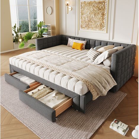 Bett Daybed 90x200 cm grau aus Samt, ausziehbar mit quadratischem Rückenteil und 2 Schubladen (1/5)