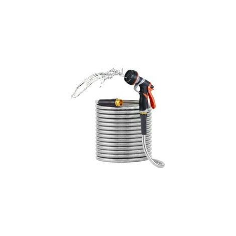 Tuyau Arrosage Acier Inoxydable 25FT Anti-Perforation Sans Nœud 8 Modes Jet Buse Robuste Durable Jardin Extérieur (1/4)