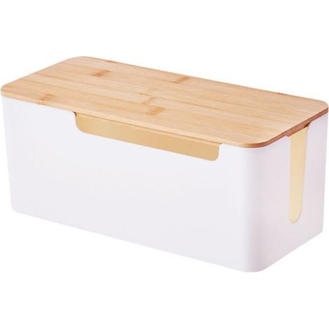Caja organizadora de cables, caja de almacenamiento de cables con tapa de bambú, caja para ocultar cables de computadora, cables sueltos y cables (blanca) (1/3)