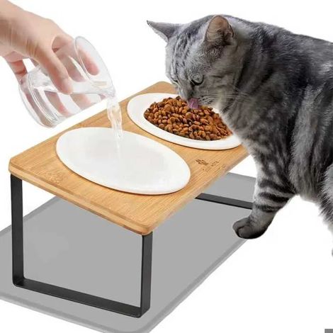 Gamelles chat surélevées - 2 Bols Chat Ceramique de Nourriture - avec Support 15° Incliné mit Tapis Gamelle Chat pour Chats et Chien (1/5)