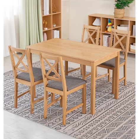 Hallowood Furniture Waverly Oak Small Dining Table and Chairs Set 4, Rectangular Solid Oak Kitchen Table and Chairs with Cross Back and Grey Fabric Padded Seats for Home and Café (1/5)