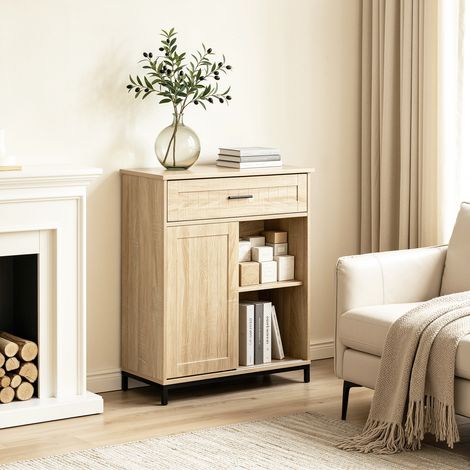WOLTU Sideboard mit verstellbare Ablage, Küchenschrank mit Schiebetür und Schublade, Aufbewahrungsschrank für Küche Esszimmer Wohnzimmer, 70x80,2x30 cm, Helle Eiche + Schwar