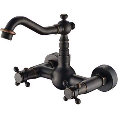 Lavabo en laiton noir de style campagnard européen avec robinet mural en bronze robinet de baignoire suspendu noir antique. (1/4)
