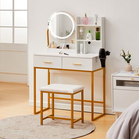 White Dressing Table Set with Charging Station, 2 Drawers Vanity Table with LED Lights Mirror and Stool, Makeup Desk with Storage Shelves and Hairdryer Holder for Bedroom (1/5)