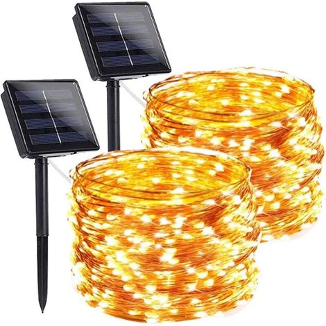 Guirlandes lumineuses solaires étanches, lot de 2 chaînes LED 100 lumières, 10 m, 8 modes clignotants, idéales pour extérieur, jardin, terrasse, fête ou décoration festive (1/5)