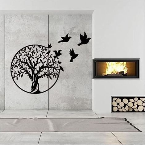 49CM Décoration murale en métal Arbre de vie, Décoration murale ronde en métal, pour chambre, jardin extérieur ,Noir (1/4)
