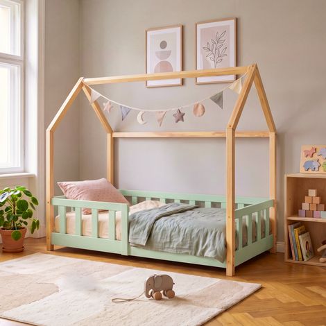 Hausbett Hesel mit Rausfallschutz 70x140 cm Mintgrün/Natur [en.casa] (1/5)