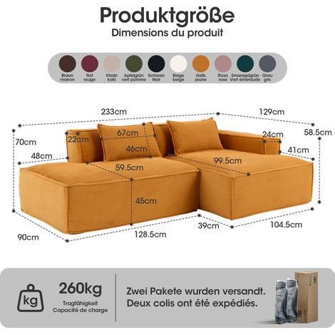 Canapé économique en textile de 235 cm de large avec deux coussins et une trousse - canapé moderne, simple et confortable, idéal pour les petits salons, appartements et bureaux (1/5)