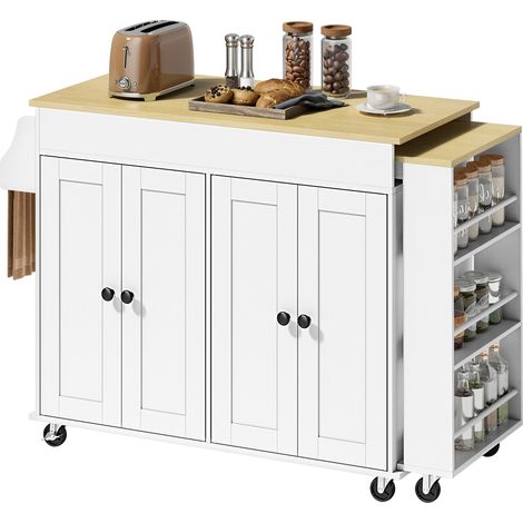 HOMCOM isla de cocina con ruedas, encimera extensible, 4 puertas, estantes ajustables, estantería lateral abierta, especiero y soporte para toallas