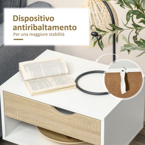 Lot de 2 tables de nuit design, tiroir + étagère, piètement rehaussé avec pieds en chêne, 50x39x51cm, finition blanche et bois clair (1/5)