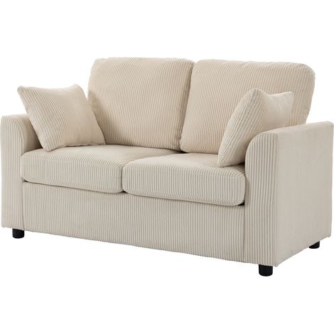 Canapé 2 places velours côtelé 144 cm assise large rembourrée 2 oreillers beige (1/5)