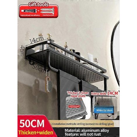 Étagère murale sans perçage pour accessoires de salle de bain, en aluminium, pour toilettes. Élargie, noire, 50 cm - B. (1/5)