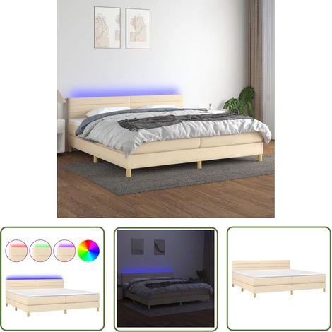 The Living Store Sommier à lattes de lit et matelas et LED Crème 200x200cm Tissu - Sommier Tapissier - Lit Plateforme - Lit Avec Led - Matelas À Ressorts Ensachés - Têtière Ajustable (1/5)