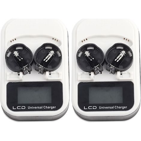 Packung mit 2 wiederaufladbaren Ladegeräten mit LCD-Bildschirm für Lithium-Knopfzellen LIR2016, LIR2025 und LIR2032 (EU-Stecker 100-240 V).