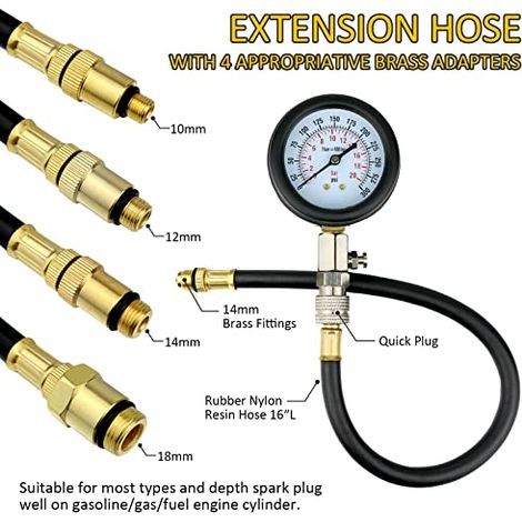 Testeur de Compression de Cylindre de Moteur Essence Diesel, Testeur de Pression d'huile de Cylindre, 0-300 PSI / 0-20 Bar avec 4 Adaptateurs (1/4)