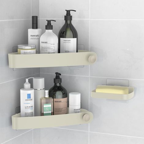 2-teiliges Duschset aus Kunststoff ohne Bohren mit Seifenbox, Badezimmer-Aufbewahrung und -Organisation, Duschseifenschale, Badezimmerregal, inklusive 8 selbstklebenden Aufklebern, Gelb (1/5)