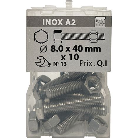 10 vis 8 x 40mm tête hexagonale + écrou inox A2 - Viswood