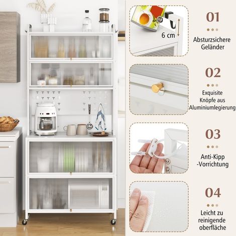 Mobile da cucina con ripiani, ganci e ruote, bianco
