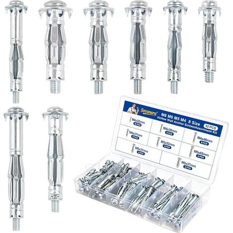 52 Pièces Cheville Placo, 8 Tailles Cheville Placo Charge Lourde Métallique, M4 M5 M6 M8 Acier Galvanisé Vis Expansion, Kit d'Ancrage Mural Robuste en Métal pour Mur Creux Plaque de Plâtre (1/5)
