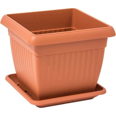Pot de fleurs avec soucoupe, carré, 45 cm, en terre cuite, grand format, texture terre cuite (1/5)