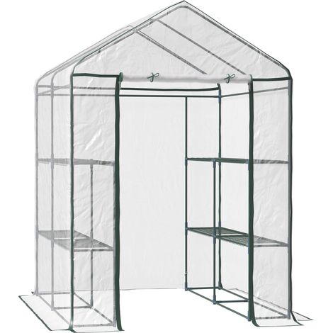 Serre 3 niveaux 143x143x195 cm translucide et verte avec étagères et structure PVC, abri design sobre pour plantes pratique et modulable