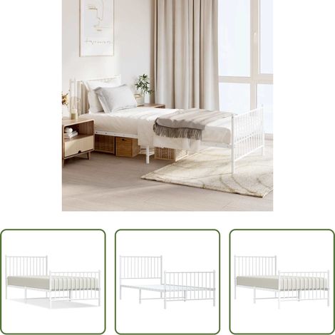 vidaXL Lit avec tête et pied - Cadre de lit métal sans matelas avec pied de lit blanc 90x200cm (1/5)