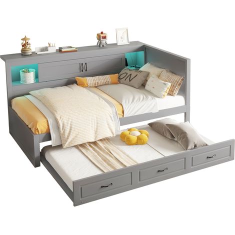 Canapé-lit 90 x 200 cm gris avec lit gigogne, éclairage LED d’ambiance, rangement latéral, prises USB et sans matelas, idéal pour petite chambre enfant - CHICFURN (1/5)