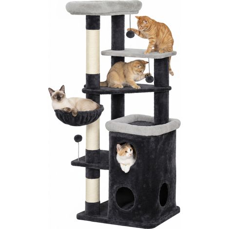 PawHut árbol rascador para gatos 148 cm con caseta de 2 niveles, 2 camas, hamaca, postes de sisal, bolas, tela felpa, para 1-2 gatos, gris oscuro (1/5)