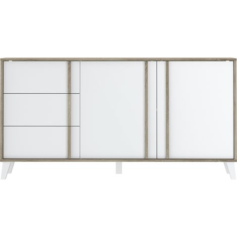 Pegane – Buffet en mélamine chêne et blanc – Dimensions 160 x 45 x 82 cm – Meuble de rangement facile d'entretien (1/4)